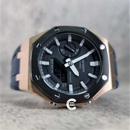 Casioak Mod Watch Black Rose Gold Case Blue Rubber Strap Black Light Gray Time Mark Black Dial 44mm- Casioak Mod Casio G-Shock Royal Oak Custom Mens Luxury Watches Ga2100