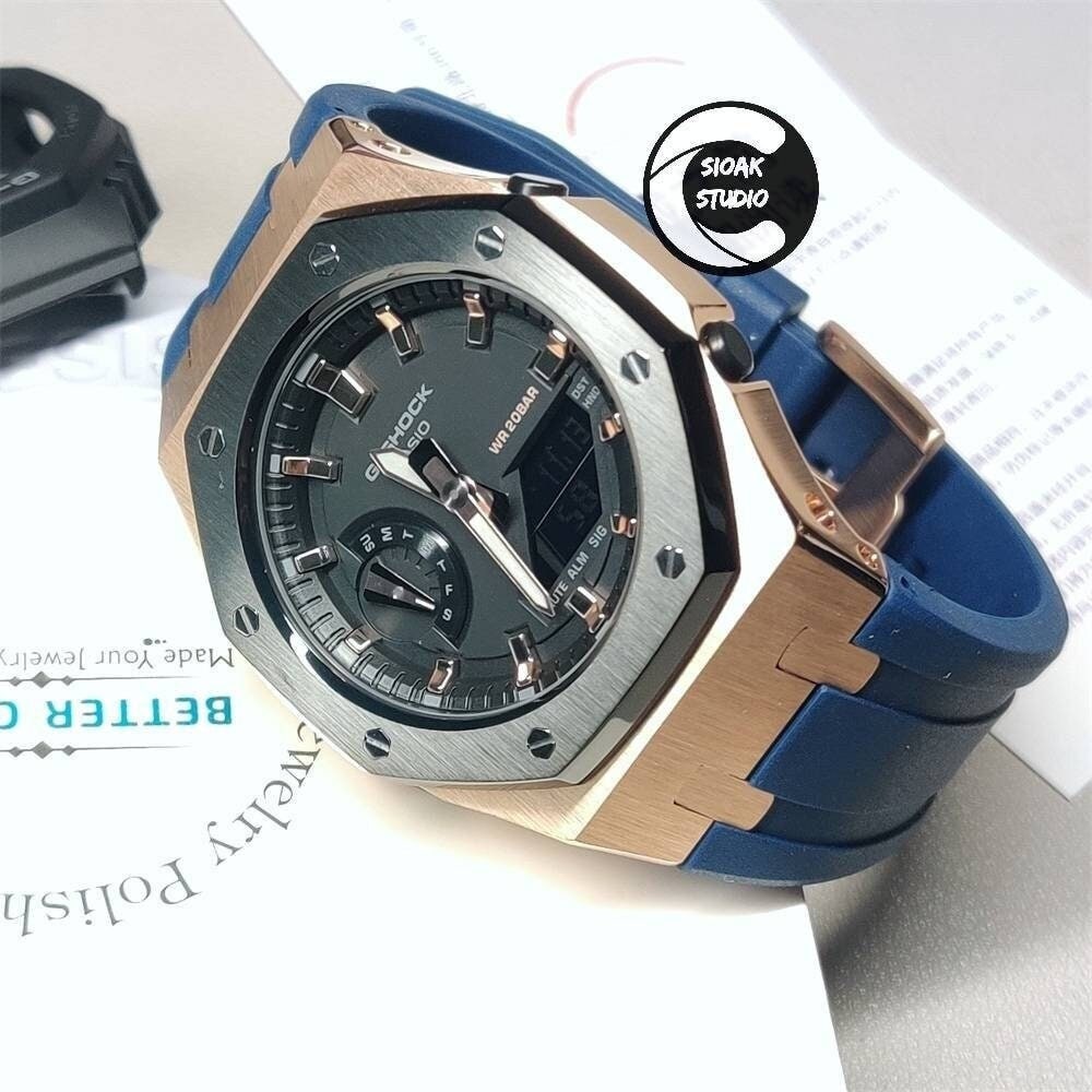 Casioak Mod Watch Black Rose Gold Case Blue Rubber Strap Black Rose Gold Time Mark Black Dial 42mm- Casioak Mod Casio G-Shock Royal Oak Custom Mens Luxury Watches Ga2100