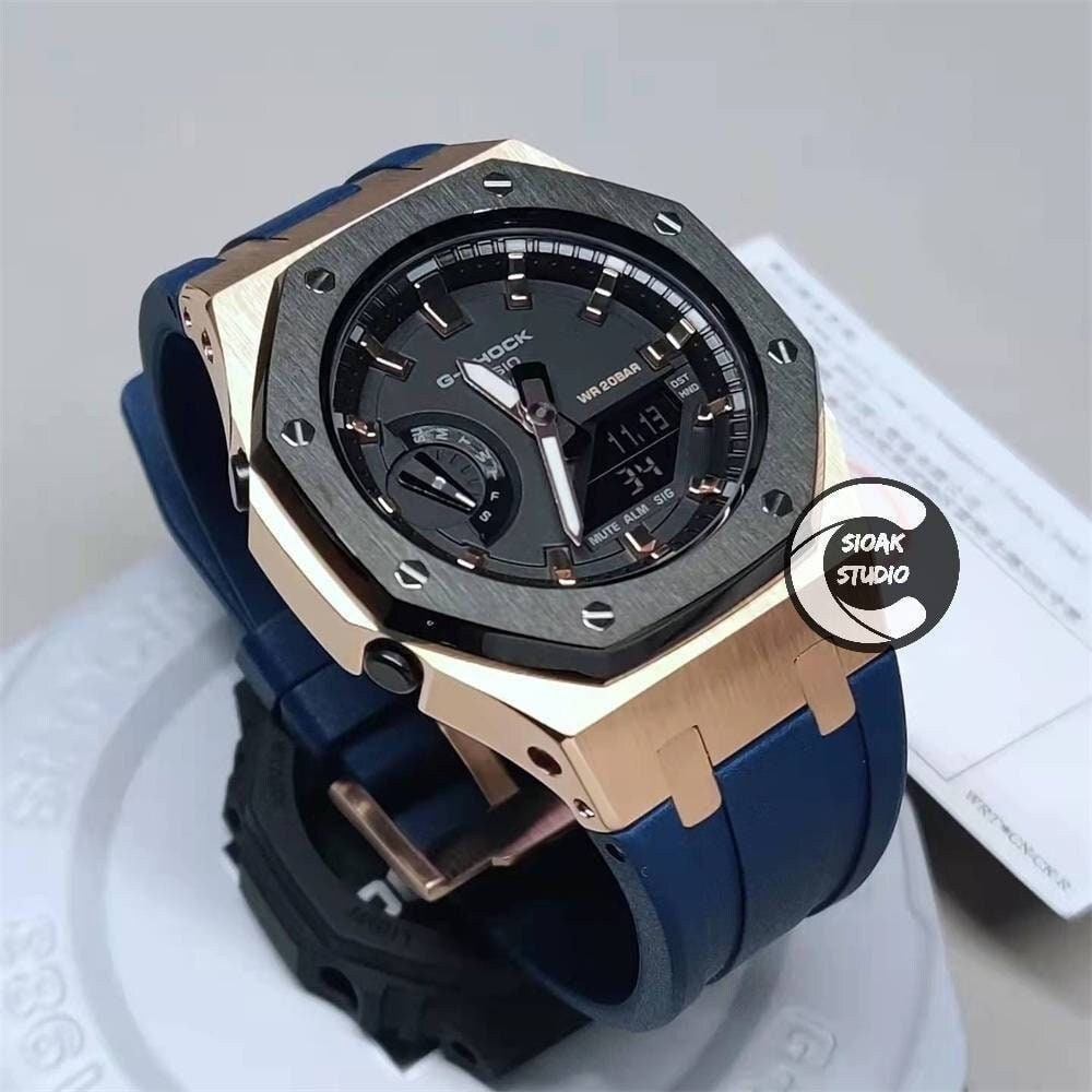 Casioak Mod Watch Black Rose Gold Case Blue Rubber Strap Black Rose Gold Time Mark Black Dial 42mm- Casioak Mod Casio G-Shock Royal Oak Custom Mens Luxury Watches Ga2100