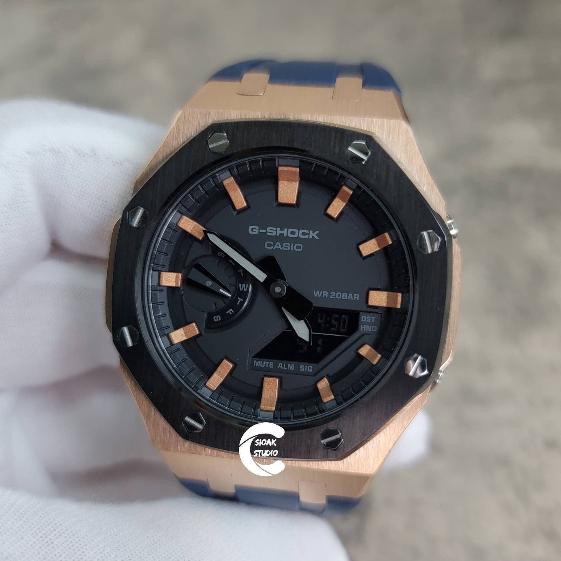 Casioak Mod Watch Black Rose Gold Case Blue Rubber Strap Black Rose Gold Time Mark Black Dial 44mm- Casioak Mod Casio G-Shock Royal Oak Custom Mens Luxury Watches Ga2100