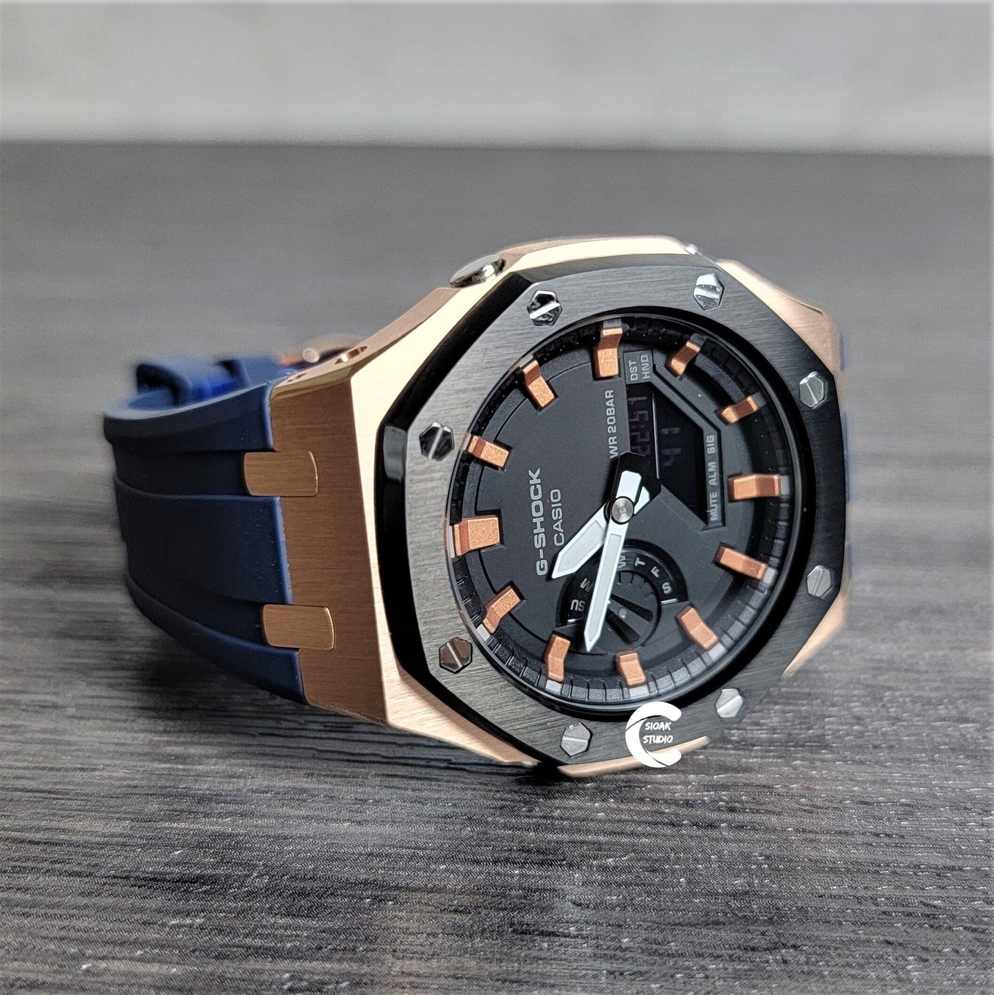 Casioak Mod Watch Black Rose Gold Case Blue Rubber Strap Black Rose Gold Time Mark Black Dial 44mm- Casioak Mod Casio G-Shock Royal Oak Custom Mens Luxury Watches Ga2100