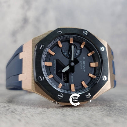 Casioak Mod Watch Black Rose Gold Case Blue Rubber Strap Black Rose Gold Time Mark Black Dial 44mm- Casioak Mod Casio G-Shock Royal Oak Custom Mens Luxury Watches Ga2100