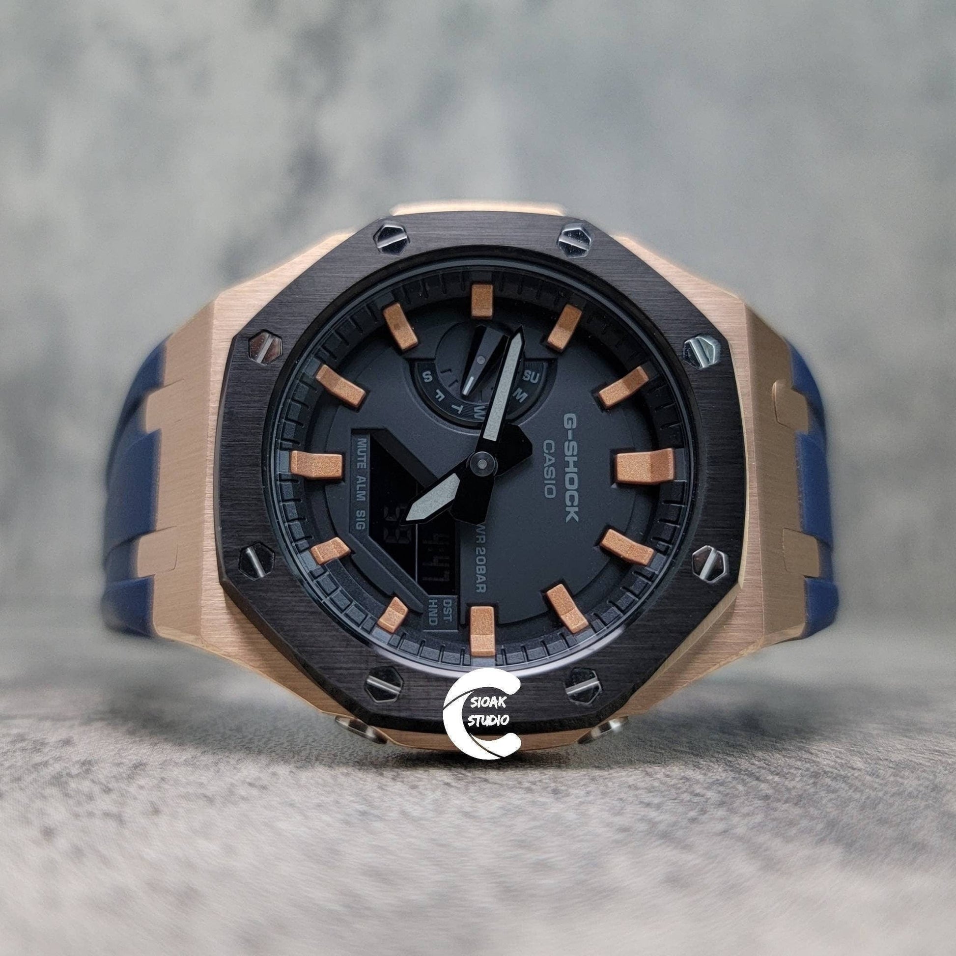 Casioak Mod Watch Black Rose Gold Case Blue Rubber Strap Black Rose Gold Time Mark Black Dial 44mm- Casioak Mod Casio G-Shock Royal Oak Custom Mens Luxury Watches Ga2100