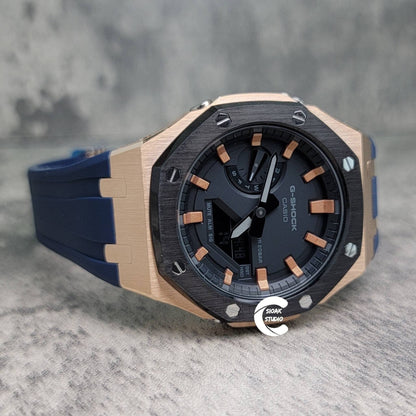 Casioak Mod Watch Black Rose Gold Case Blue Rubber Strap Black Rose Gold Time Mark Black Dial 44mm- Casioak Mod Casio G-Shock Royal Oak Custom Mens Luxury Watches Ga2100