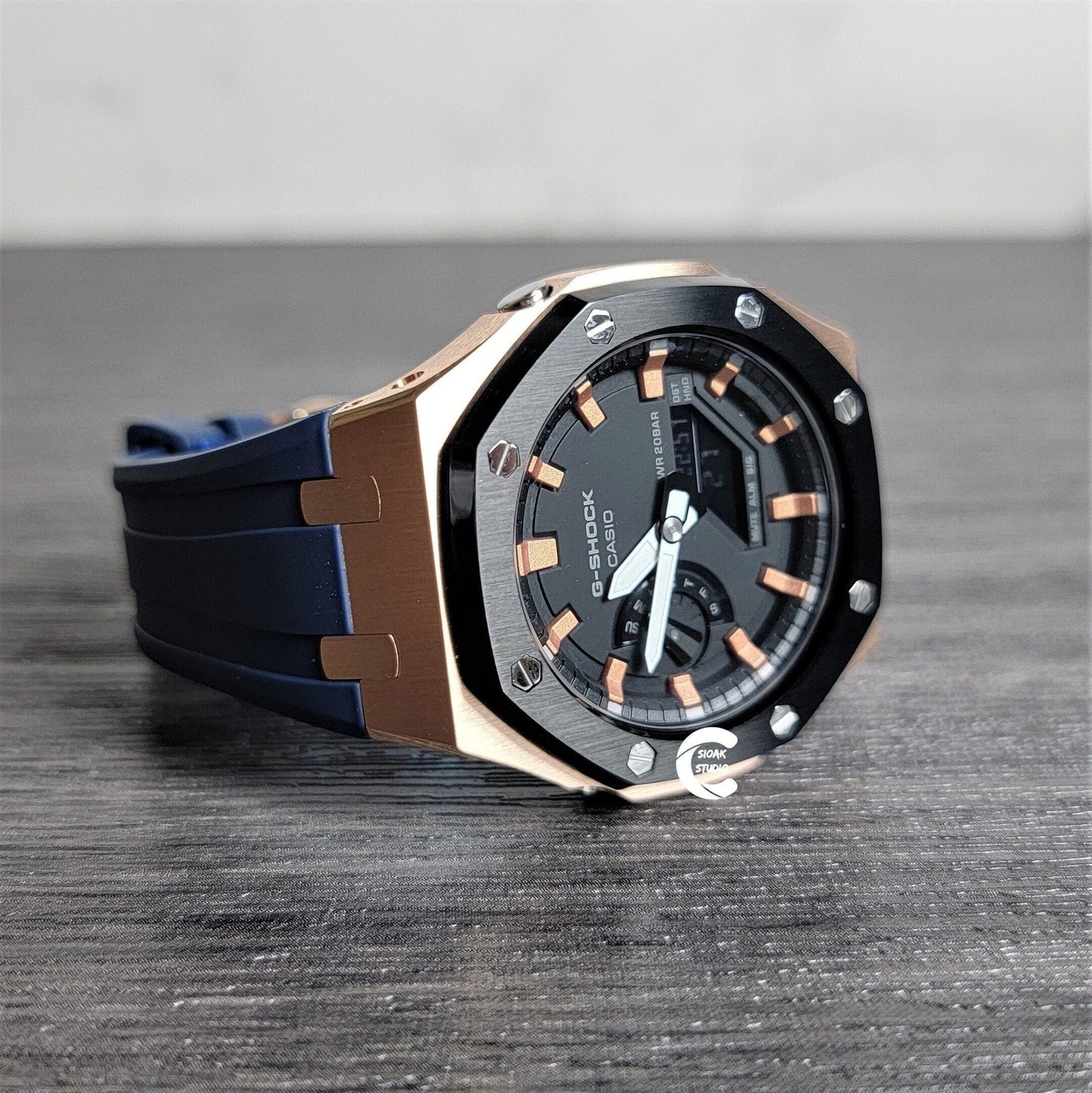 Casioak Mod Watch Black Rose Gold Case Blue Rubber Strap Black Rose Gold Time Mark Black Dial 44mm- Casioak Mod Casio G-Shock Royal Oak Custom Mens Luxury Watches Ga2100