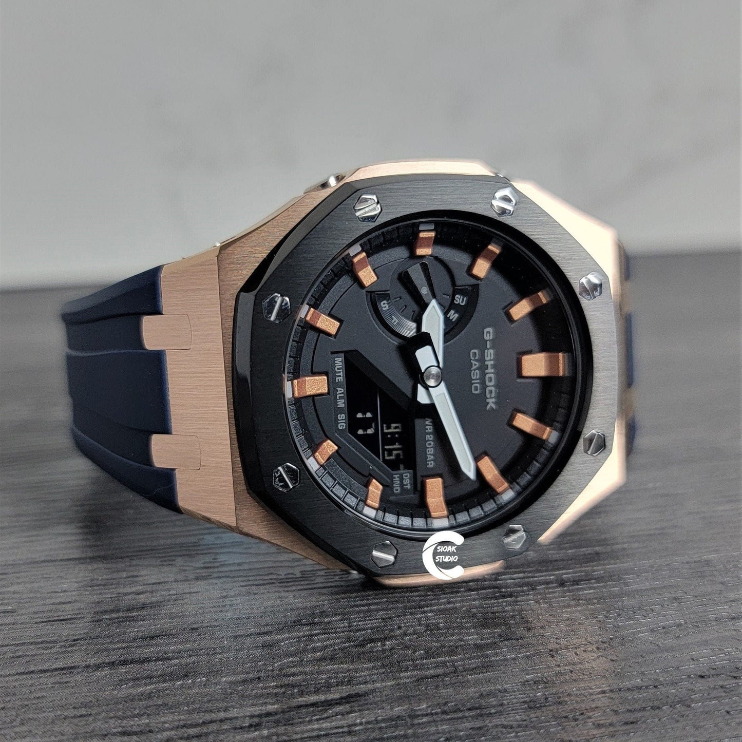 Casioak Mod Watch Black Rose Gold Case Blue Rubber Strap Black Rose Gold Time Mark Black Dial 44mm- Casioak Mod Casio G-Shock Royal Oak Custom Mens Luxury Watches Ga2100