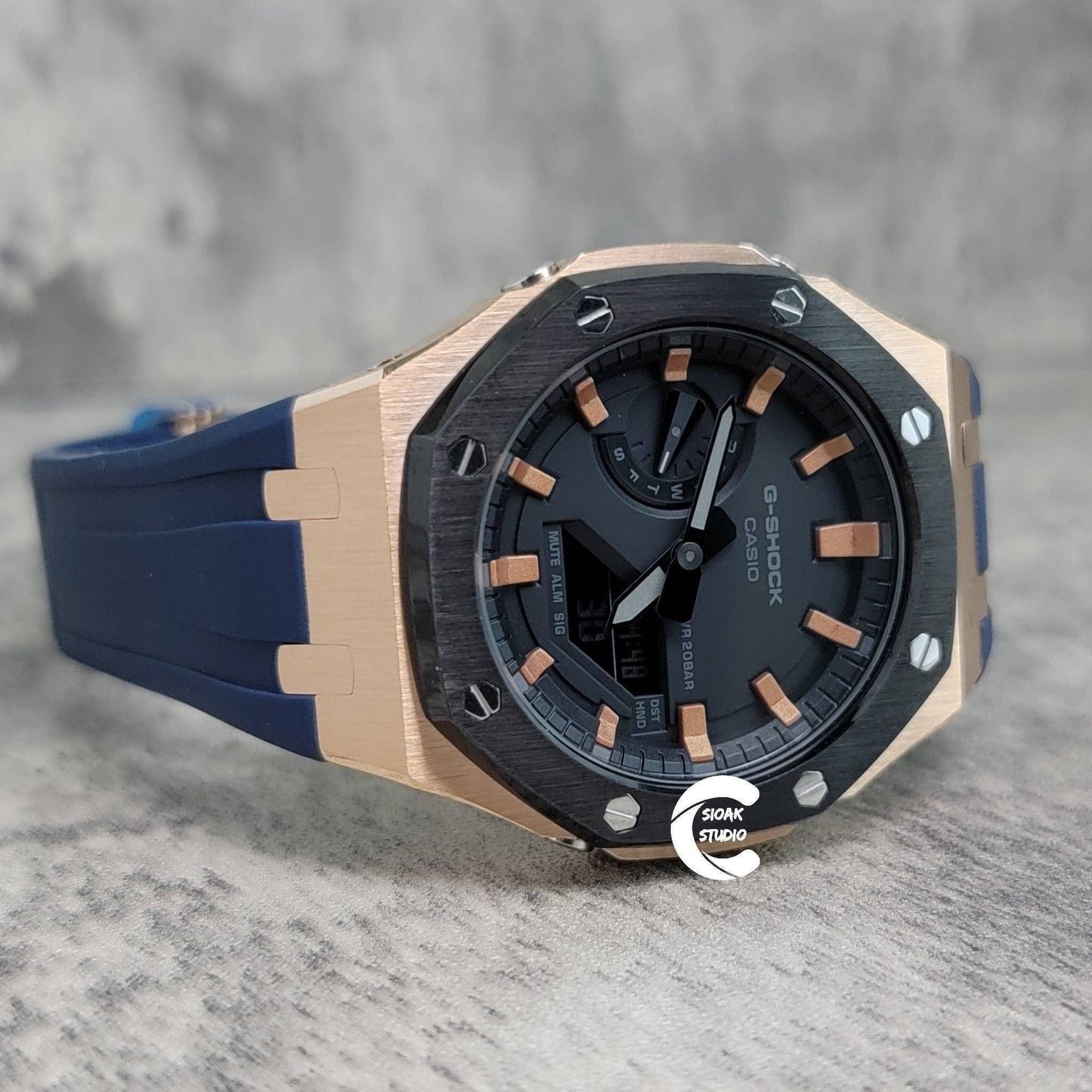 Casioak Mod Watch Black Rose Gold Case Blue Rubber Strap Black Rose Gold Time Mark Black Dial 44mm- Casioak Mod Casio G-Shock Royal Oak Custom Mens Luxury Watches Ga2100