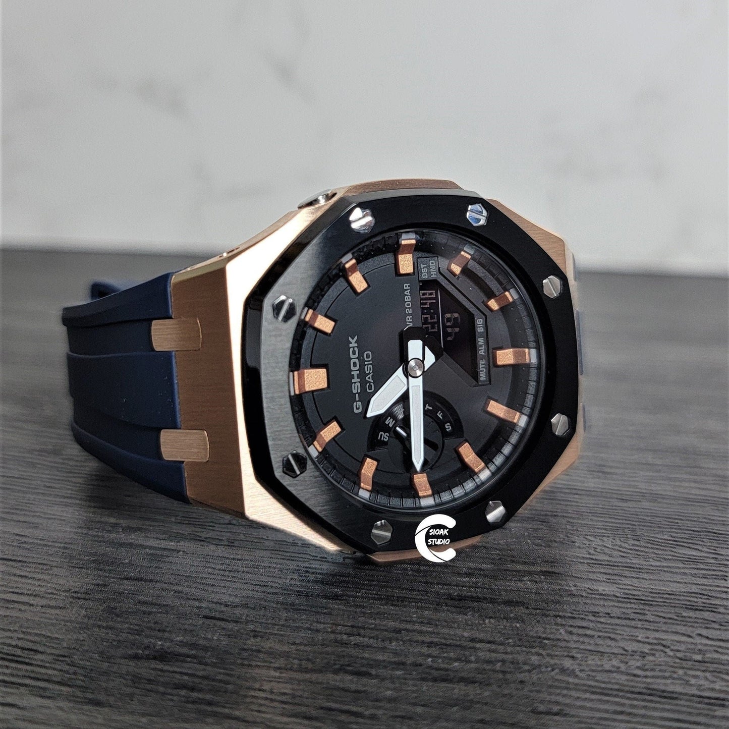 Casioak Mod Watch Black Rose Gold Case Blue Rubber Strap Black Rose Gold Time Mark Black Dial 44mm- Casioak Mod Casio G-Shock Royal Oak Custom Mens Luxury Watches Ga2100