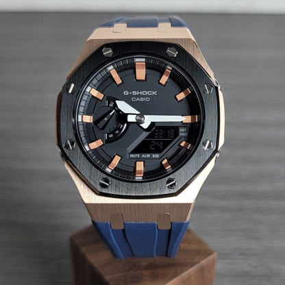 Casioak Mod Watch Black Rose Gold Case Blue Rubber Strap Black Rose Gold Time Mark Black Dial 44mm- Casioak Mod Casio G-Shock Royal Oak Custom Mens Luxury Watches Ga2100