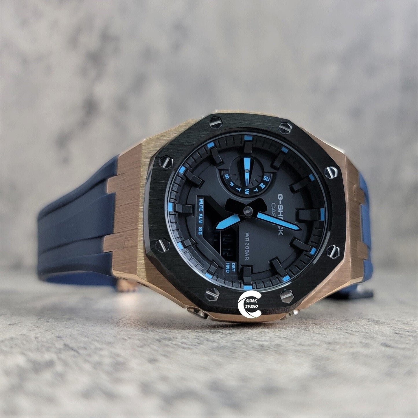 Casioak Mod Watch Black Rose Gold Case Blue Rubber Strap Black Time Mark Black Dial 44mm- Casioak Mod Casio G-Shock Royal Oak Custom Mens Luxury Watches Ga2100