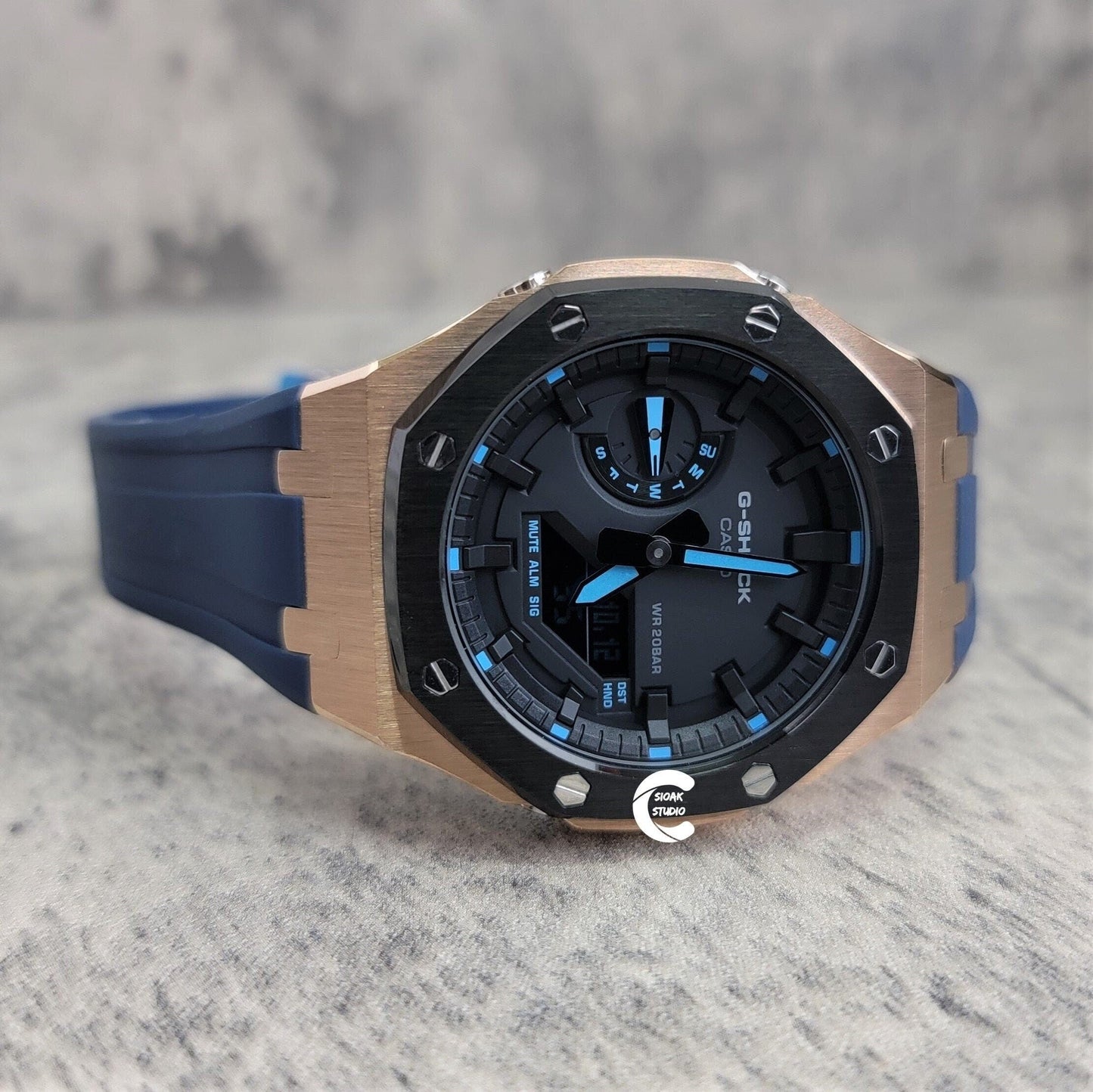 Casioak Mod Watch Black Rose Gold Case Blue Rubber Strap Black Time Mark Black Dial 44mm- Casioak Mod Casio G-Shock Royal Oak Custom Mens Luxury Watches Ga2100