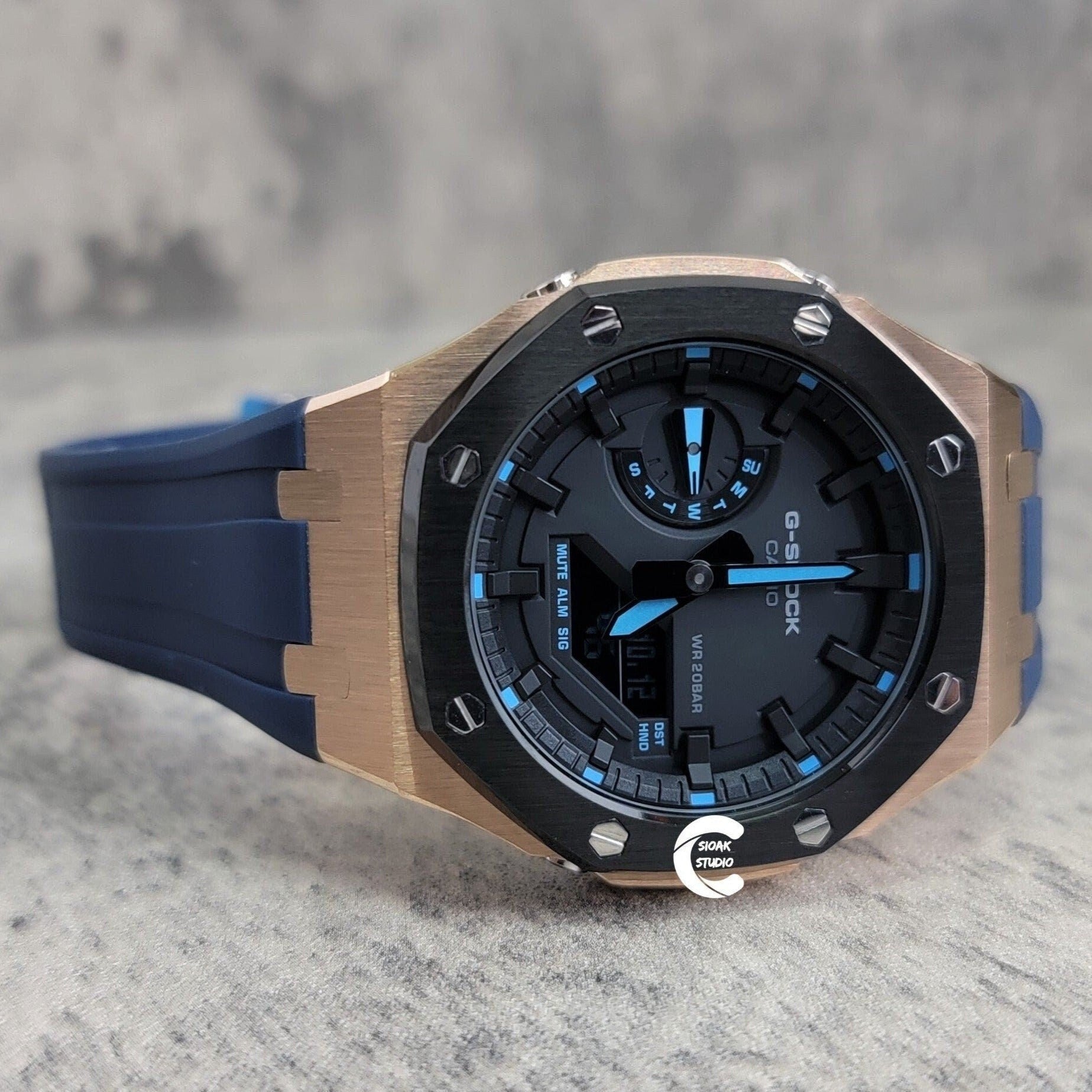 Casioak Mod Watch Black Rose Gold Case Blue Rubber Strap Black Time Mark Black Dial 44mm- Casioak Mod Casio G-Shock Royal Oak Custom Mens Luxury Watches Ga2100