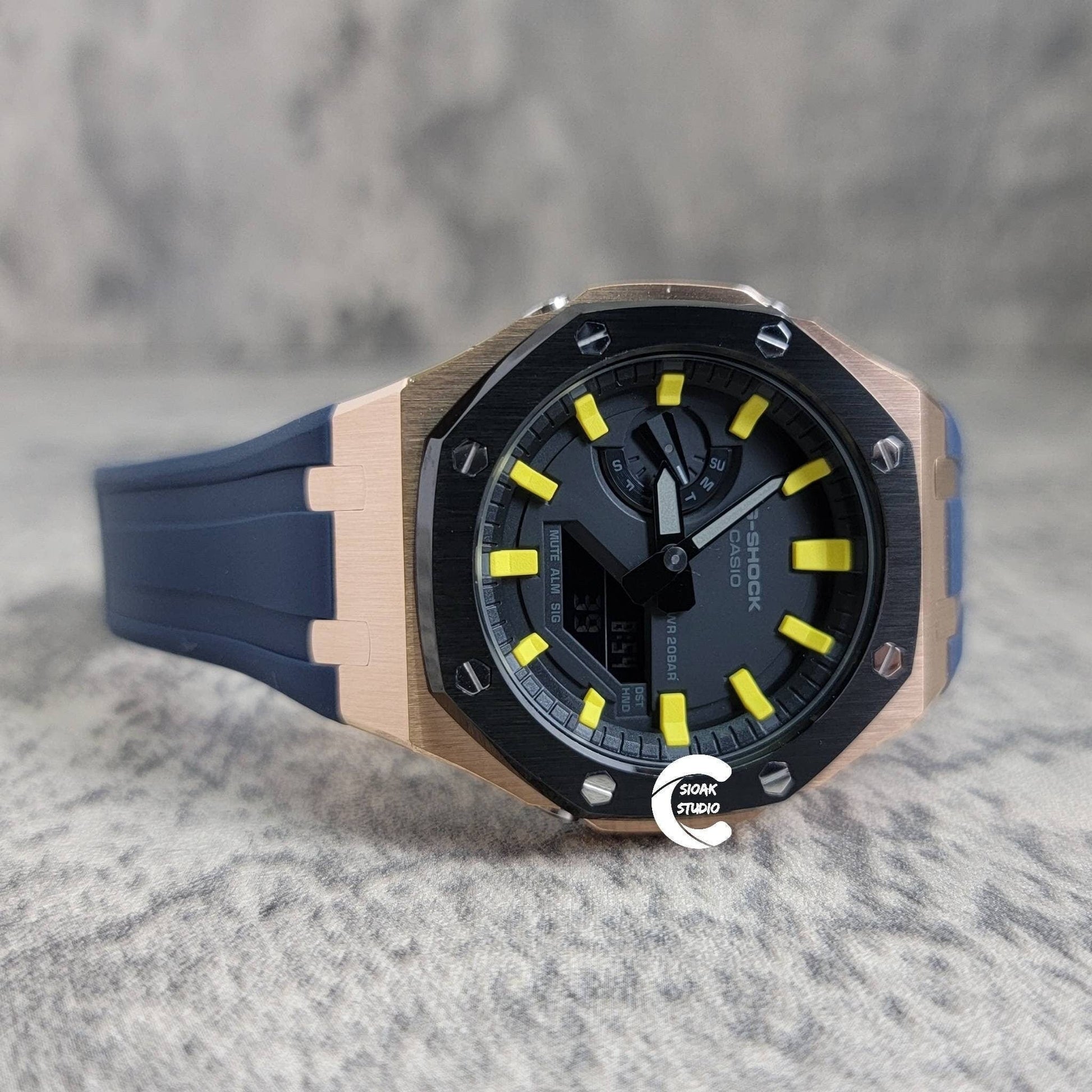 Casioak Mod Watch Black Rose Gold Case Blue Rubber Strap Black Yellow Time Mark Black Dial 44mm- Casioak Mod Casio G-Shock Royal Oak Custom Mens Luxury Watches Ga2100