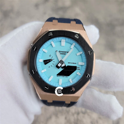 Casioak Mod Watch Black Rose Gold Case Blue Rubber Strap Tiff White Time Mark Tiff Blue Dial 44mm- Casioak Mod Casio G-Shock Royal Oak Custom Mens Luxury Watches Ga2100