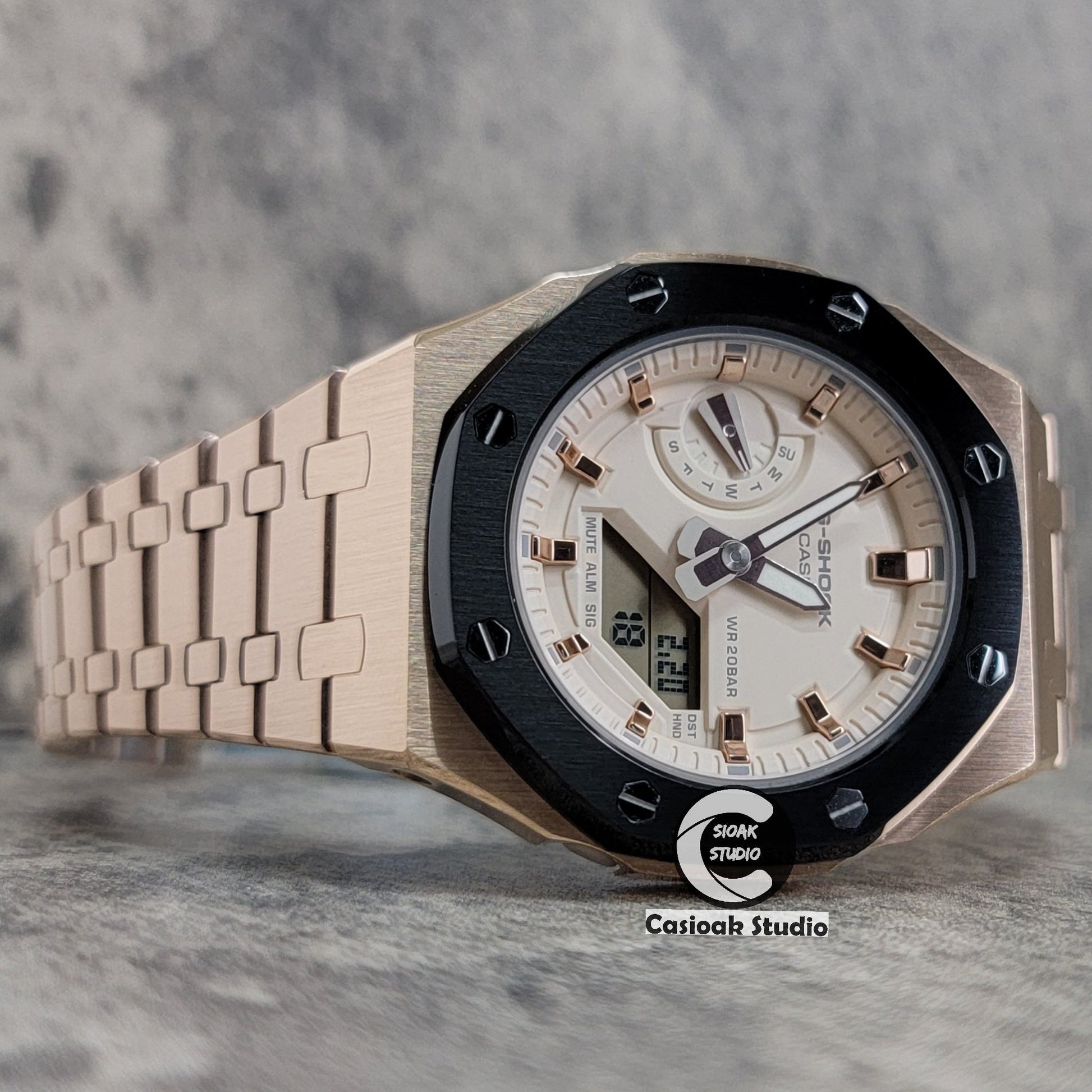 Casioak Mod Watch Black Rose Gold Case Metal Strap Beige Rose Gold Time Mark Beige Dial 42mm- Casioak Mod Casio G-Shock Royal Oak Custom Mens Luxury Watches Ga2100