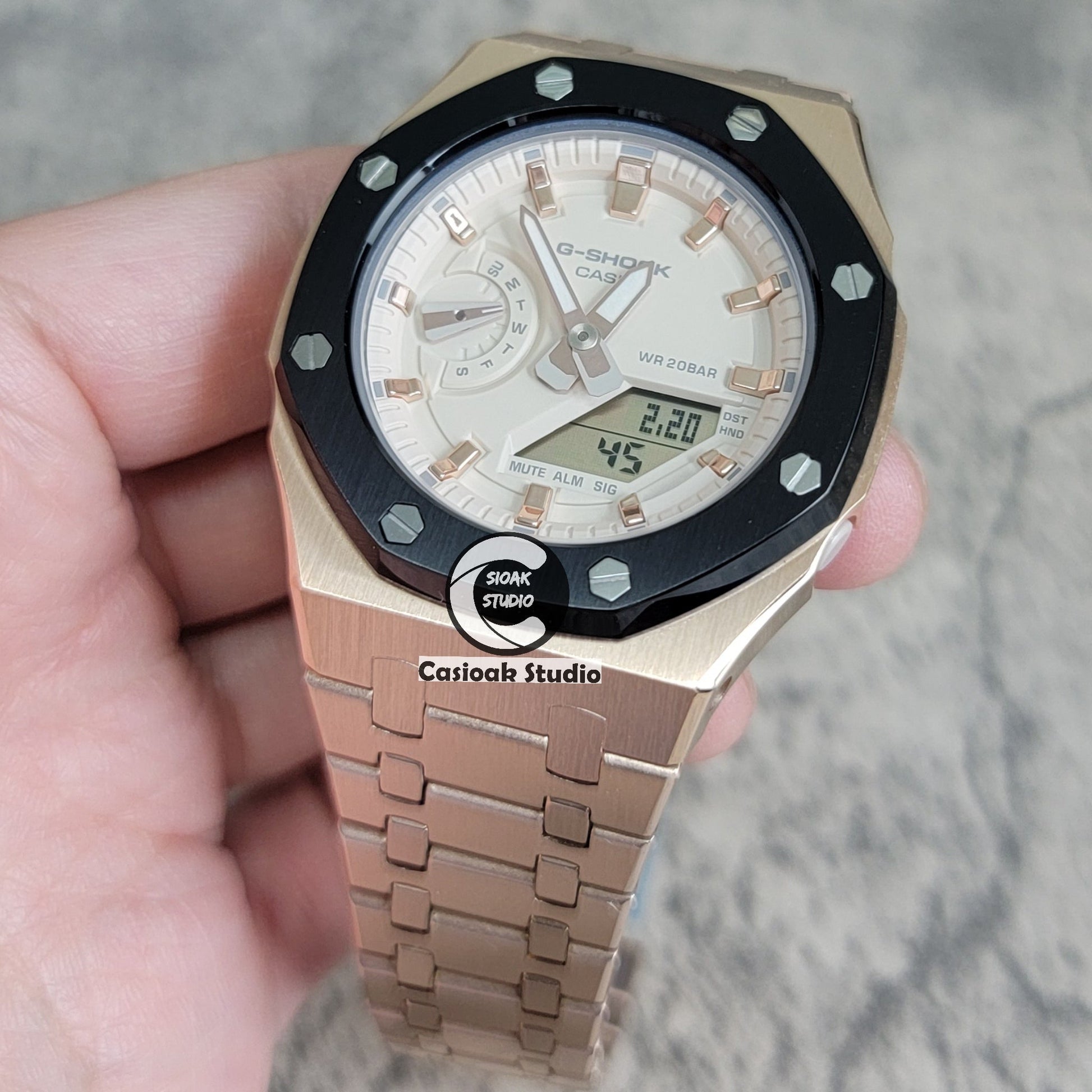 Casioak Mod Watch Black Rose Gold Case Metal Strap Beige Rose Gold Time Mark Beige Dial 42mm- Casioak Mod Casio G-Shock Royal Oak Custom Mens Luxury Watches Ga2100