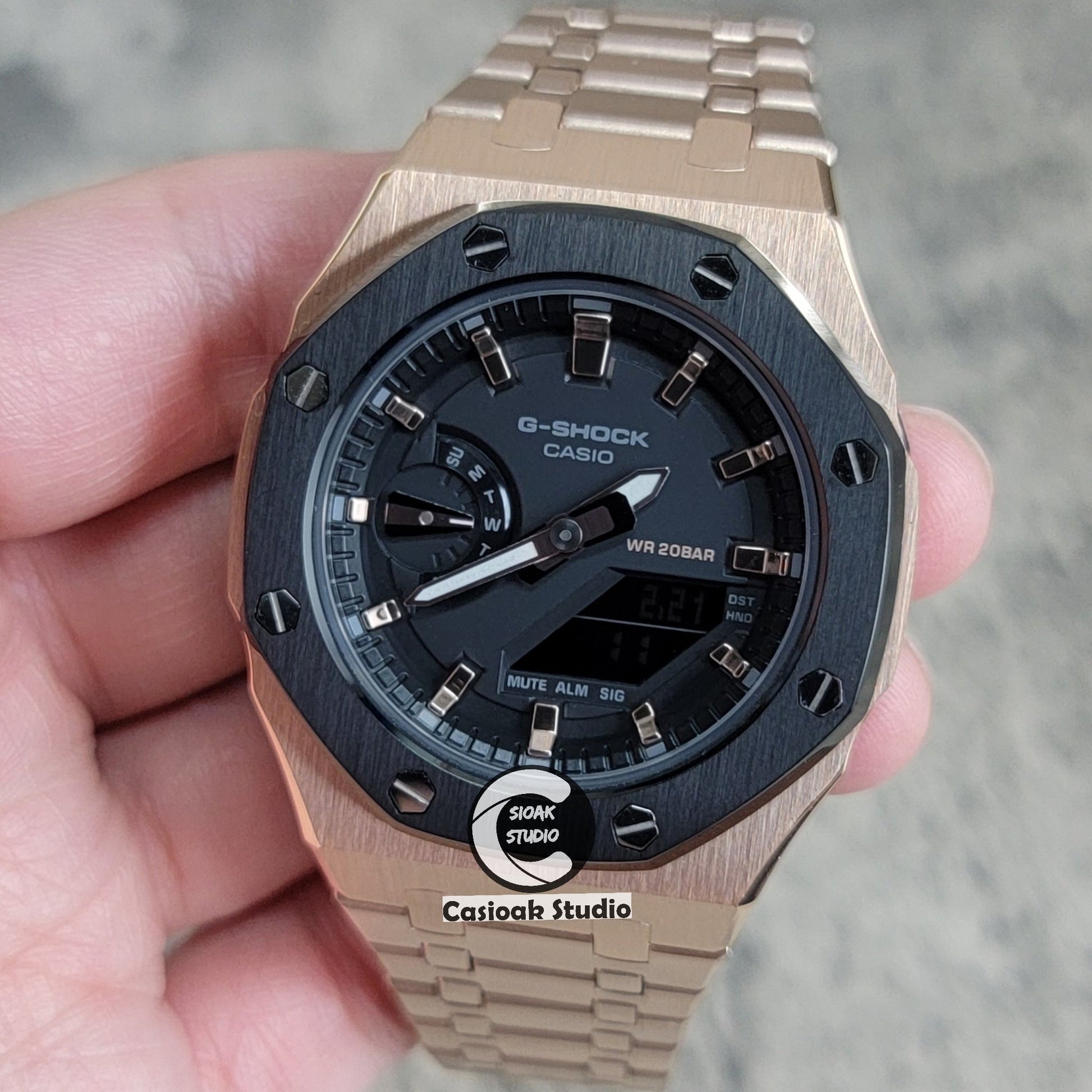 Casioak Mod Watch Black Rose Gold Case Metal Strap Black Rose Gold Time Mark Black Dial 42mm- Casioak Mod Casio G-Shock Royal Oak Custom Mens Luxury Watches Ga2100