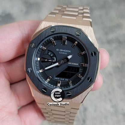 Casioak Mod Watch Black Rose Gold Case Metal Strap Black Rose Gold Time Mark Black Dial 42mm- Casioak Mod Casio G-Shock Royal Oak Custom Mens Luxury Watches Ga2100