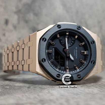 Casioak Mod Watch Black Rose Gold Case Metal Strap Black Rose Gold Time Mark Black Dial 42mm- Casioak Mod Casio G-Shock Royal Oak Custom Mens Luxury Watches Ga2100