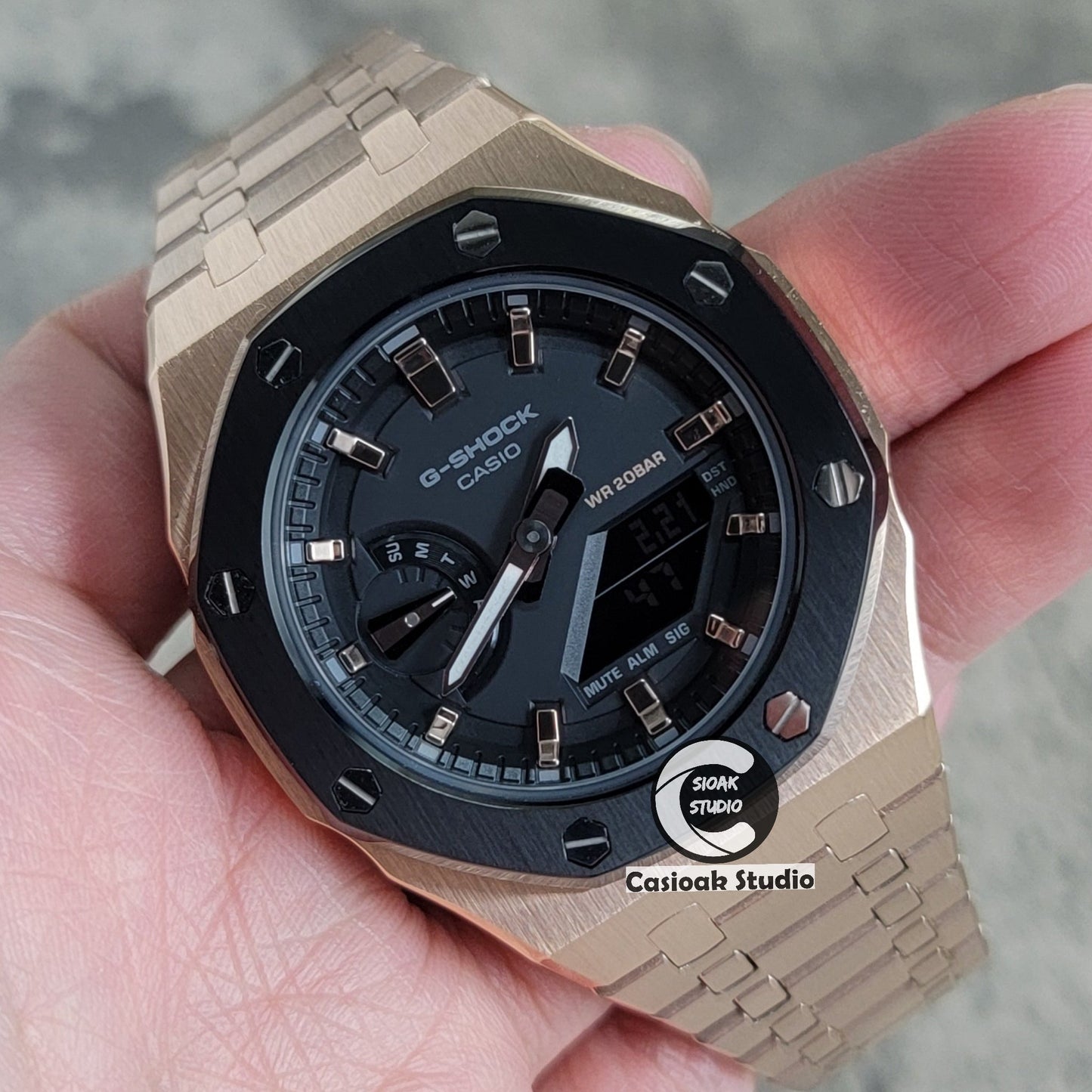 Casioak Mod Watch Black Rose Gold Case Metal Strap Black Rose Gold Time Mark Black Dial 42mm- Casioak Mod Casio G-Shock Royal Oak Custom Mens Luxury Watches Ga2100