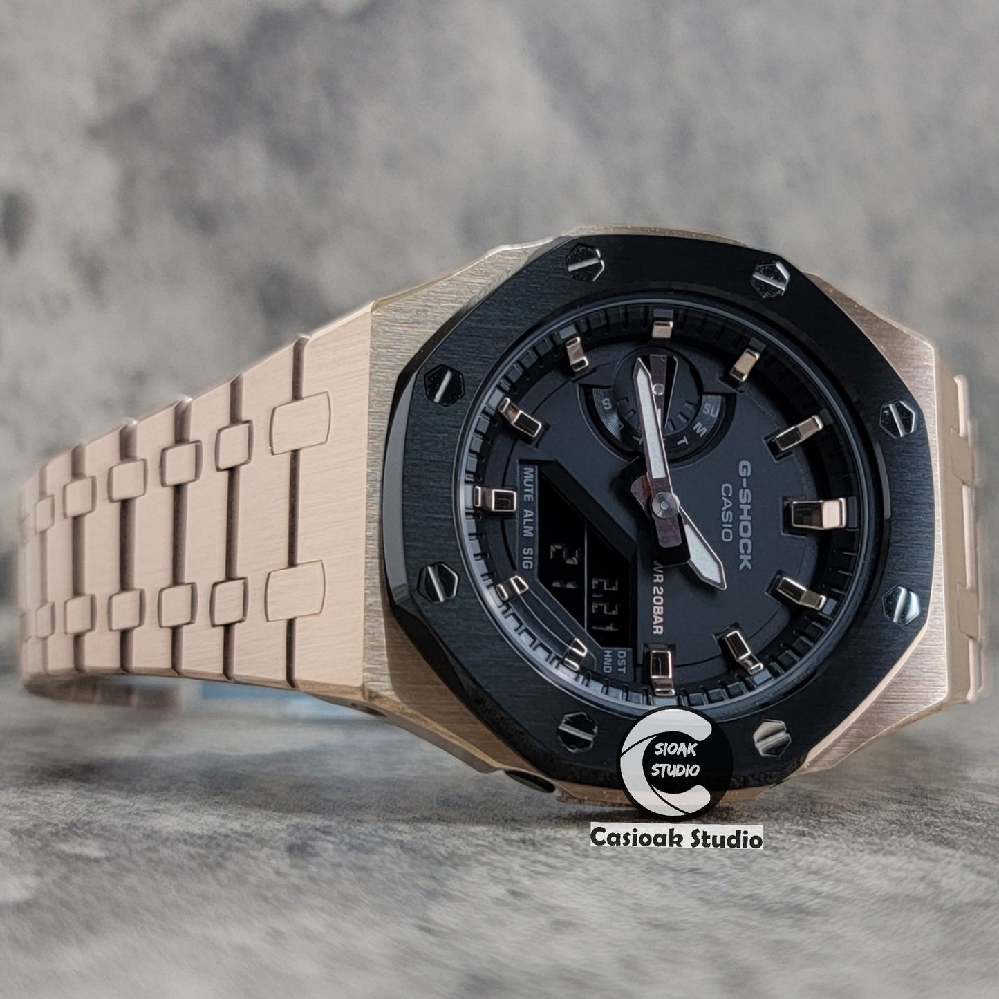 Casioak Mod Watch Black Rose Gold Case Metal Strap Black Rose Gold Time Mark Black Dial 42mm- Casioak Mod Casio G-Shock Royal Oak Custom Mens Luxury Watches Ga2100