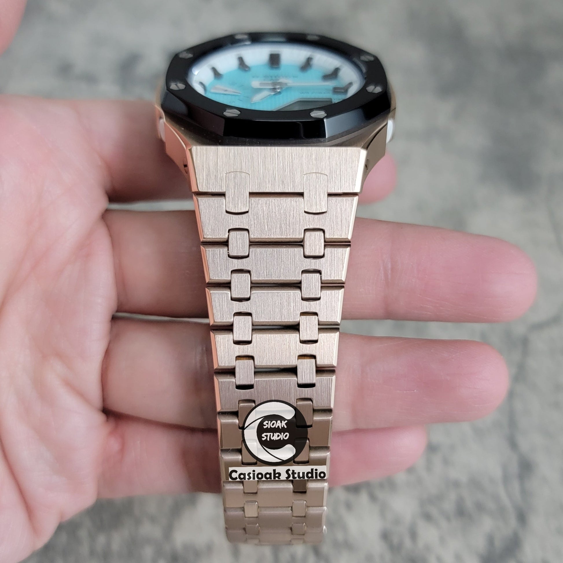 Casioak Mod Watch Black Rose Gold Case Metal Strap White Black Time Mark Tiff Blue Dial 42mm- Casioak Mod Casio G-Shock Royal Oak Custom Mens Luxury Watches Ga2100