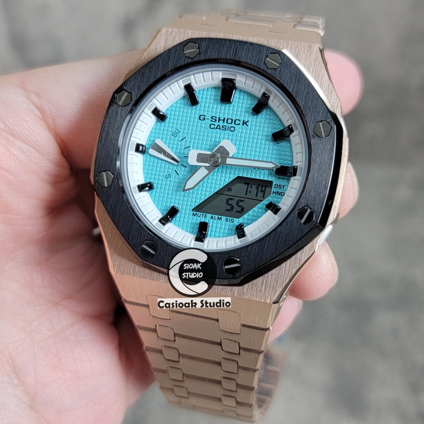 Casioak Mod Watch Black Rose Gold Case Metal Strap White Black Time Mark Tiff Blue Dial 42mm- Casioak Mod Casio G-Shock Royal Oak Custom Mens Luxury Watches Ga2100