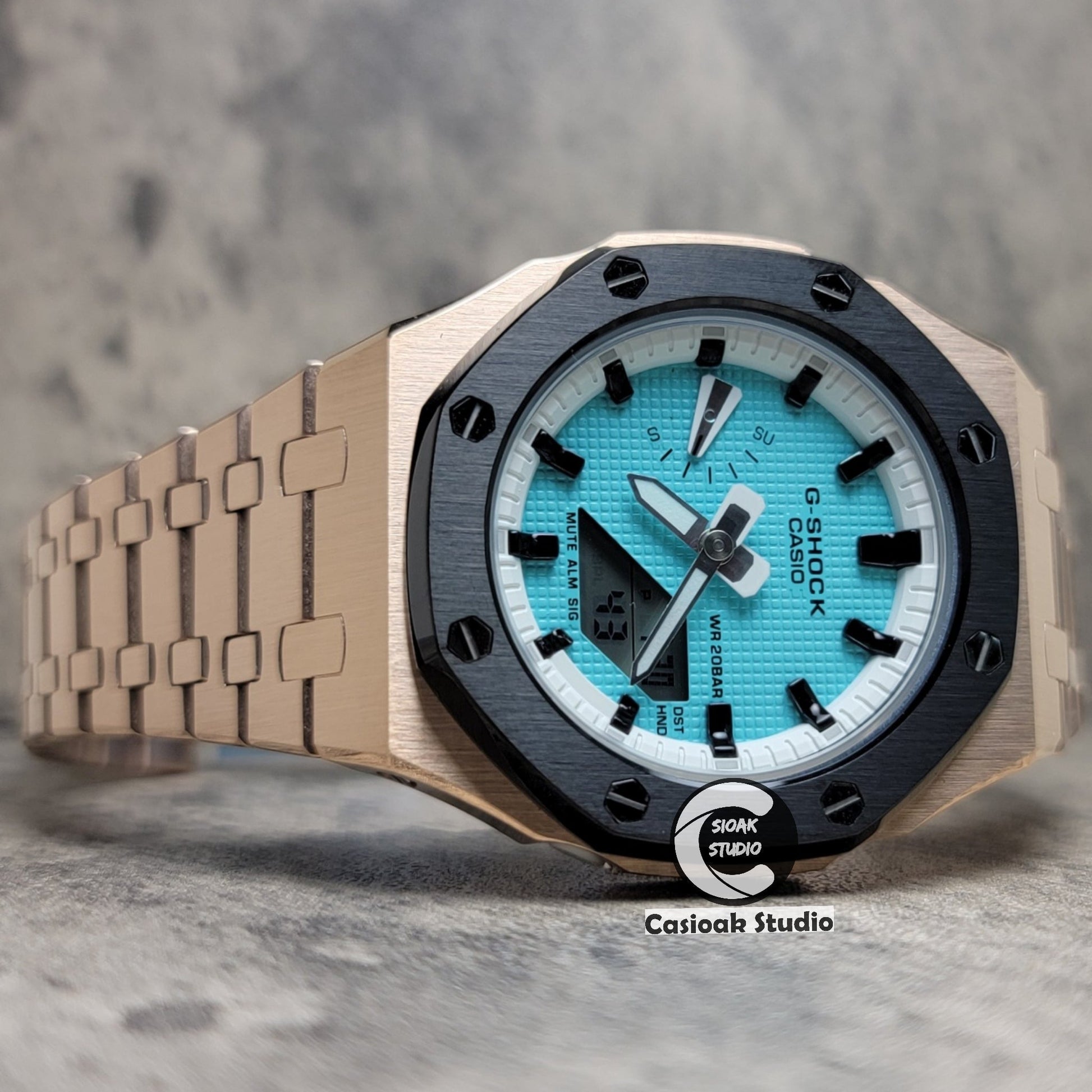 Casioak Mod Watch Black Rose Gold Case Metal Strap White Black Time Mark Tiff Blue Dial 42mm- Casioak Mod Casio G-Shock Royal Oak Custom Mens Luxury Watches Ga2100