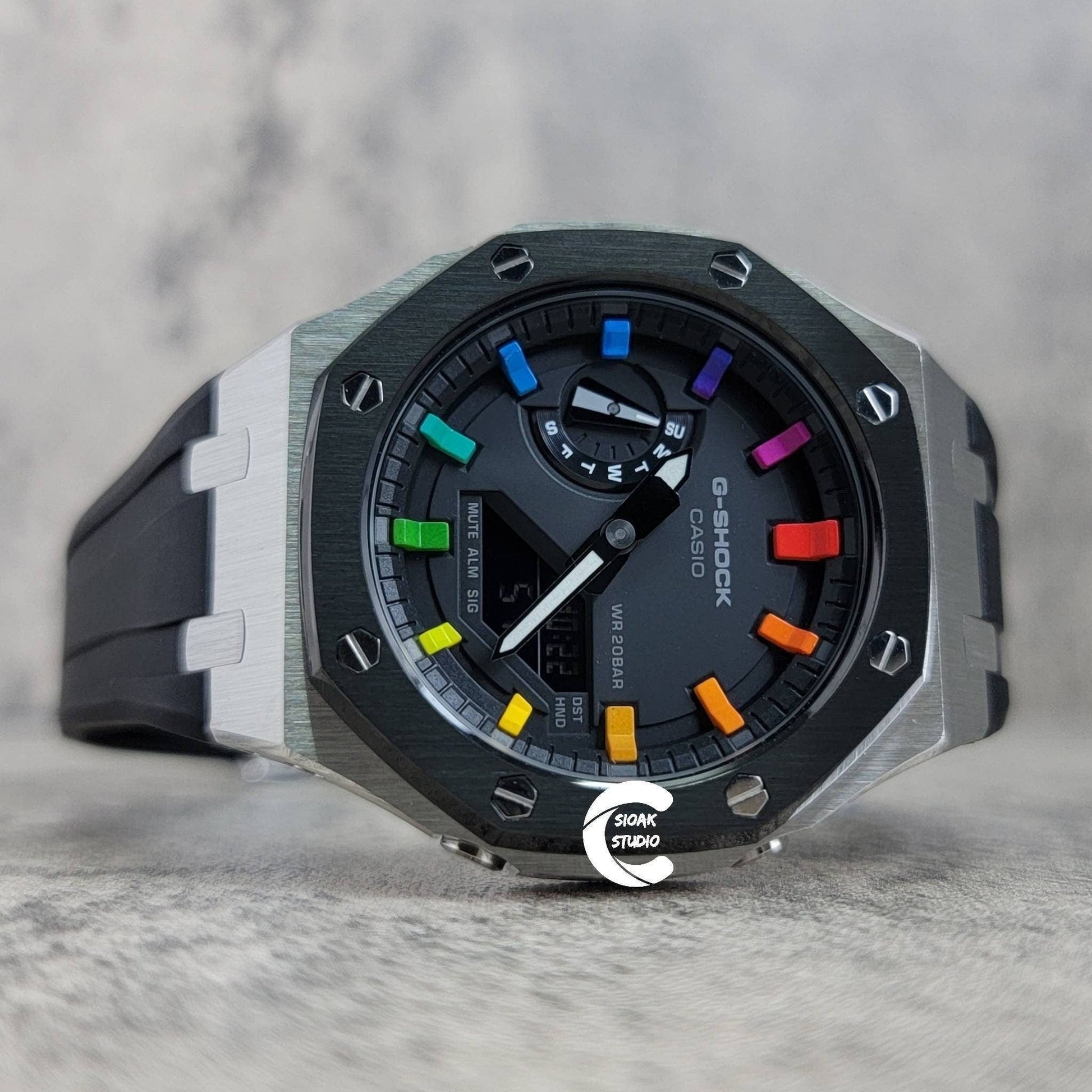 Casioak Mod Watch Black Silver Case Black Rubber Strap Black Rainbow Time Mark Black Dial 44mm- Casioak Mod Casio G-Shock Royal Oak Custom Mens Luxury Watches Ga2100