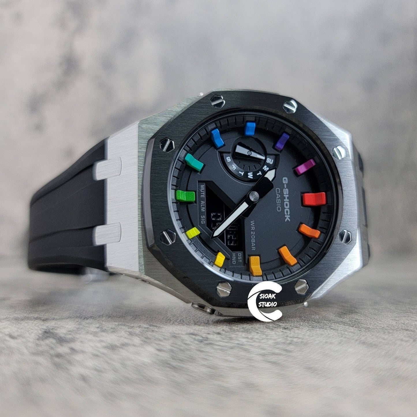 Casioak Mod Watch Black Silver Case Black Rubber Strap Black Rainbow Time Mark Black Dial 44mm- Casioak Mod Casio G-Shock Royal Oak Custom Mens Luxury Watches Ga2100