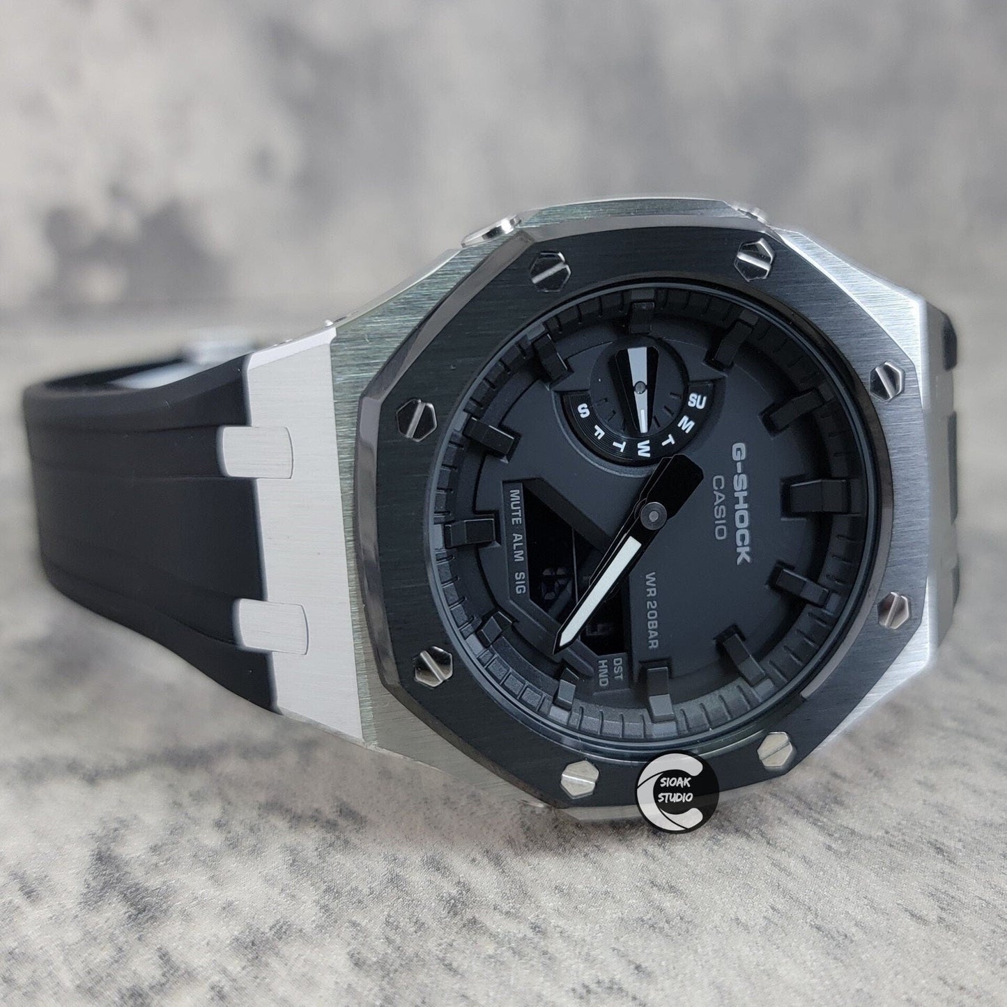 Casioak Mod Watch Black Silver Case Black Rubber Strap Black Time Mark Black Dial 44mm- Casioak Mod Casio G-Shock Royal Oak Custom Mens Luxury Watches Ga2100