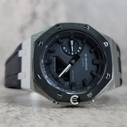 Casioak Mod Watch Black Silver Case Black Rubber Strap Black Time Mark Black Dial 44mm- Casioak Mod Casio G-Shock Royal Oak Custom Mens Luxury Watches Ga2100