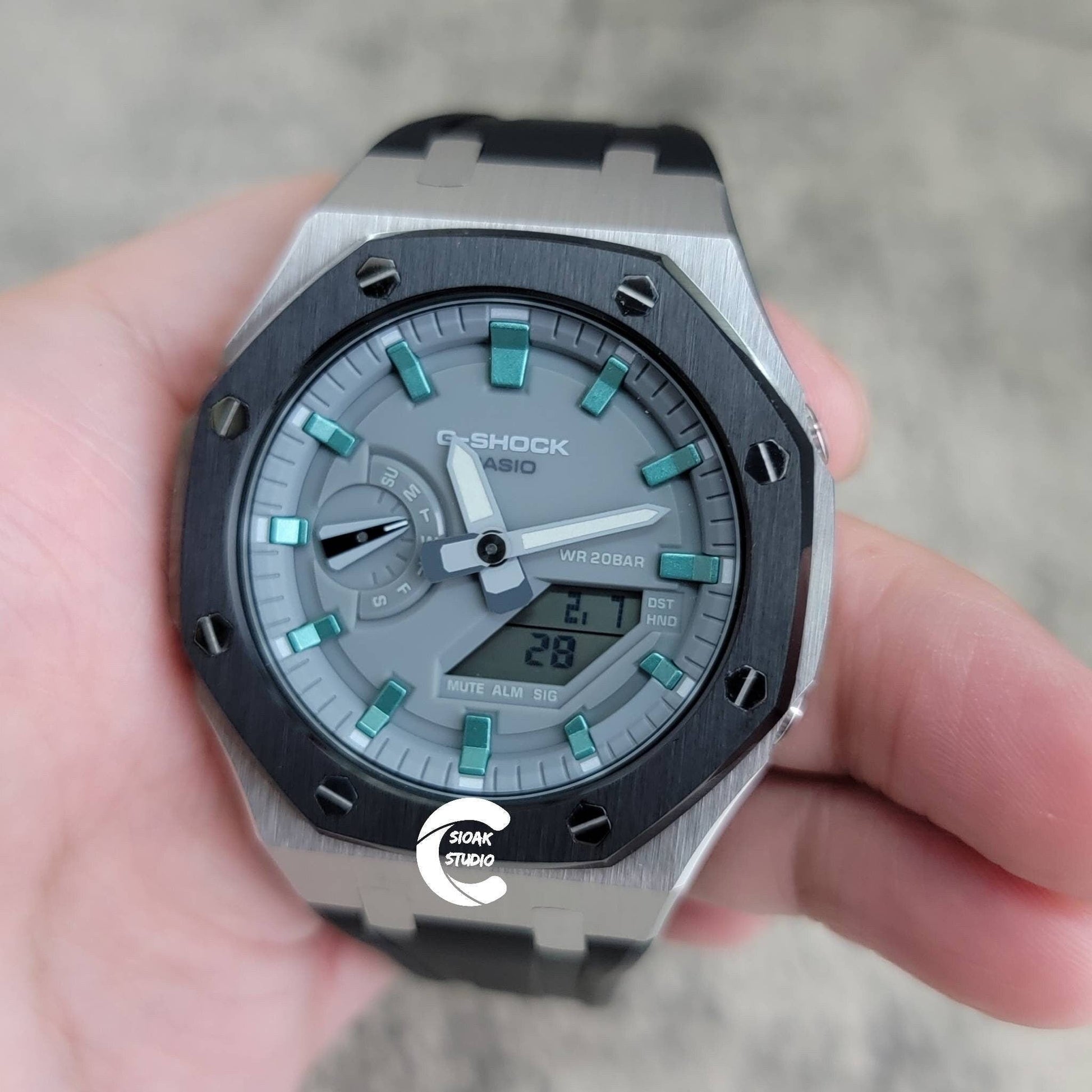 Casioak Mod Watch Black Silver Case Black Rubber Strap Light Gray Turquoise Time Mark Gray Dial 44mm- Casioak Mod Casio G-Shock Royal Oak Custom Mens Luxury Watches Ga2100