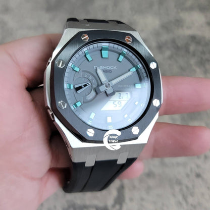 Casioak Mod Watch Black Silver Case Black Rubber Strap Light Gray Turquoise Time Mark Gray Dial 44mm- Casioak Mod Casio G-Shock Royal Oak Custom Mens Luxury Watches Ga2100