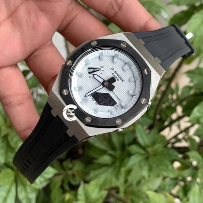 Casioak Mod Watch Black Silver Case Black Rubber Strap White Silver Time Mark White Dial 44mm- Casioak Mod Casio G-Shock Royal Oak Custom Mens Luxury Watches Ga2100