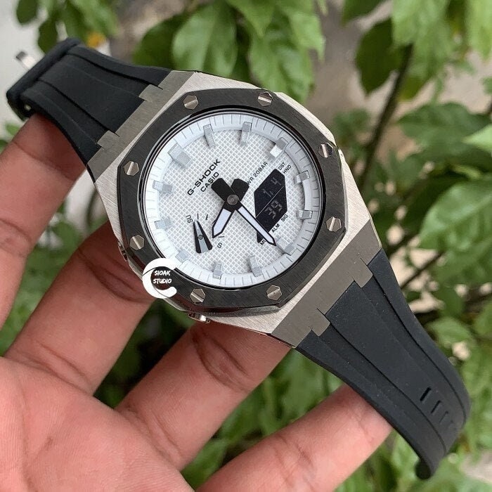 Casioak Mod Watch Black Silver Case Black Rubber Strap White Silver Time Mark White Dial 44mm- Casioak Mod Casio G-Shock Royal Oak Custom Mens Luxury Watches Ga2100