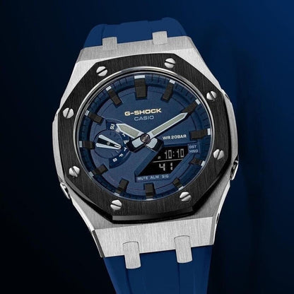 Casioak Mod Watch Black Silver Case Blue Rubber Strap Blue Black Time Mark Blue Dial 44mm- Casioak Mod Casio G-Shock Royal Oak Custom Mens Luxury Watches Ga2100