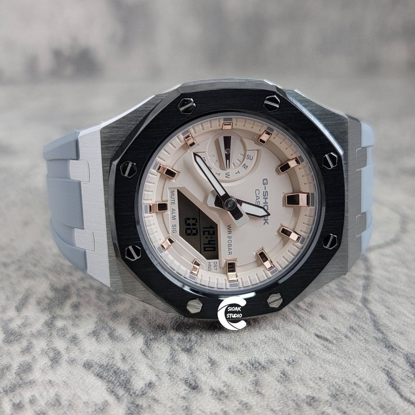 Casioak Mod Watch Black Silver Case Gray Rubber Strap Beige Rose Gold Time Mark Beige Dial 42mm- Casioak Mod Casio G-Shock Royal Oak Custom Mens Luxury Watches Ga2100