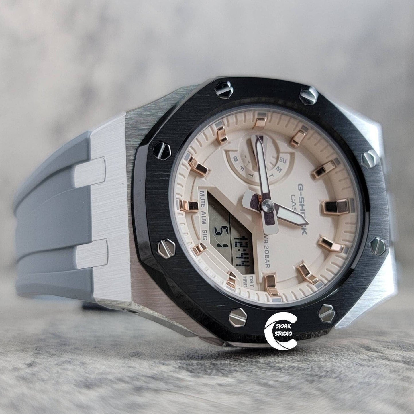 Casioak Mod Watch Black Silver Case Gray Rubber Strap Beige Rose Gold Time Mark Beige Dial 42mm- Casioak Mod Casio G-Shock Royal Oak Custom Mens Luxury Watches Ga2100