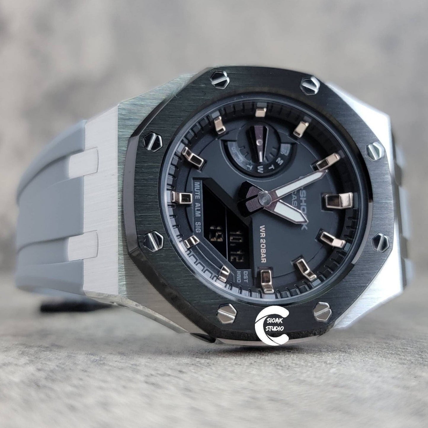 Casioak Mod Watch Black Silver Case Gray Rubber Strap Black Rose Gold Time Mark Black Dial 42mm- Casioak Mod Casio G-Shock Royal Oak Custom Mens Luxury Watches Ga2100