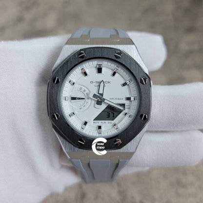 Casioak Mod Watch Black Silver Case Gray Rubber Strap White Silver Time Mark White Dial 44mm- Casioak Mod Casio G-Shock Royal Oak Custom Mens Luxury Watches Ga2100