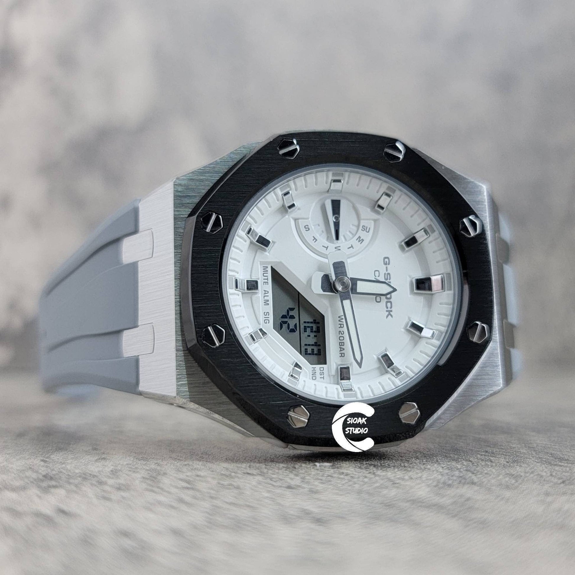 Casioak Mod Watch Black Silver Case Gray Rubber Strap White Silver Time Mark White Dial 44mm- Casioak Mod Casio G-Shock Royal Oak Custom Mens Luxury Watches Ga2100