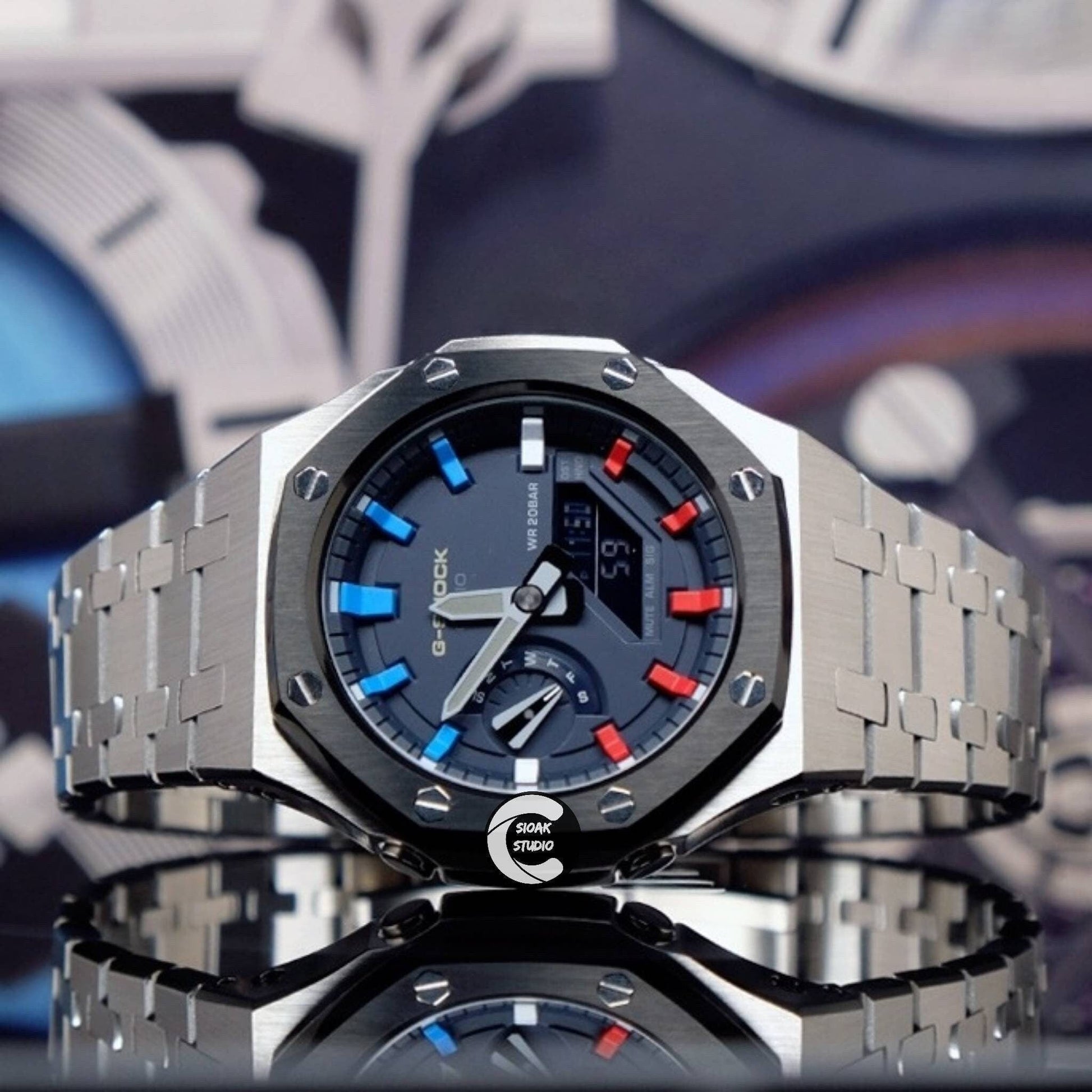 Casioak Mod Watch Black Silver Case Metal Strap Blue Rainbow Time Mark Blue Dial 44mm- Casioak Mod Casio G-Shock Royal Oak Custom Mens Luxury Watches Ga2100