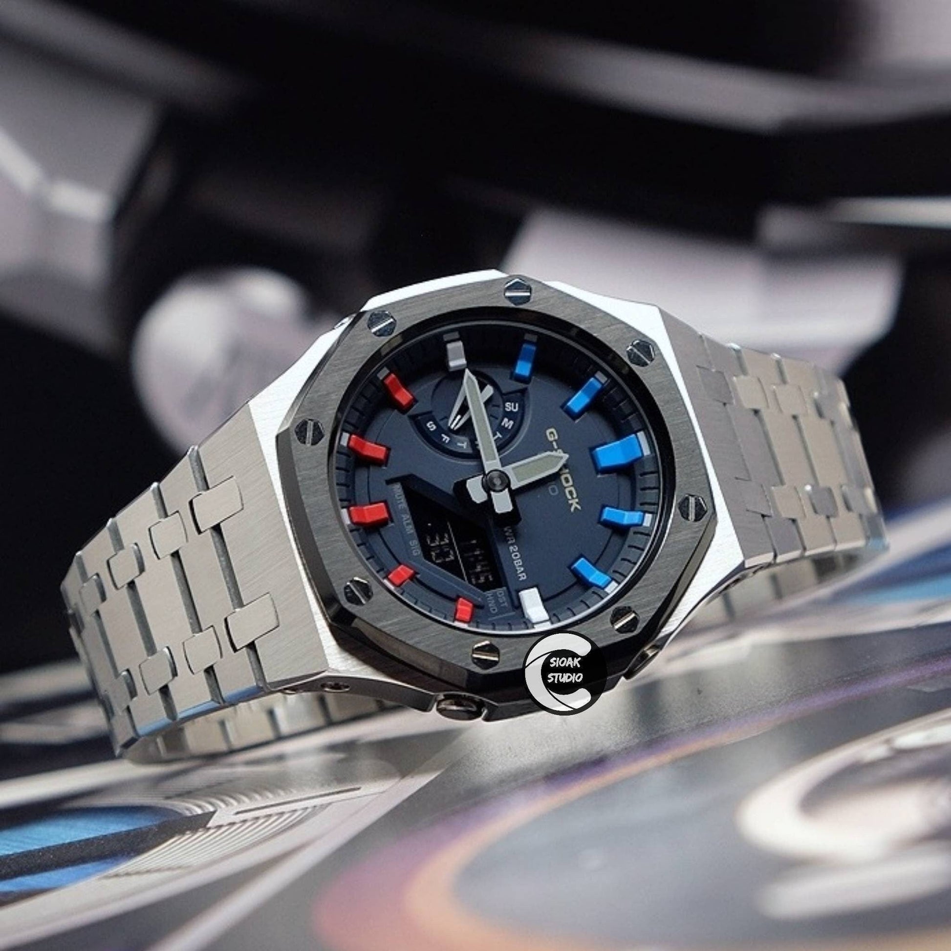 Casioak Mod Watch Black Silver Case Metal Strap Blue Rainbow Time Mark Blue Dial 44mm- Casioak Mod Casio G-Shock Royal Oak Custom Mens Luxury Watches Ga2100