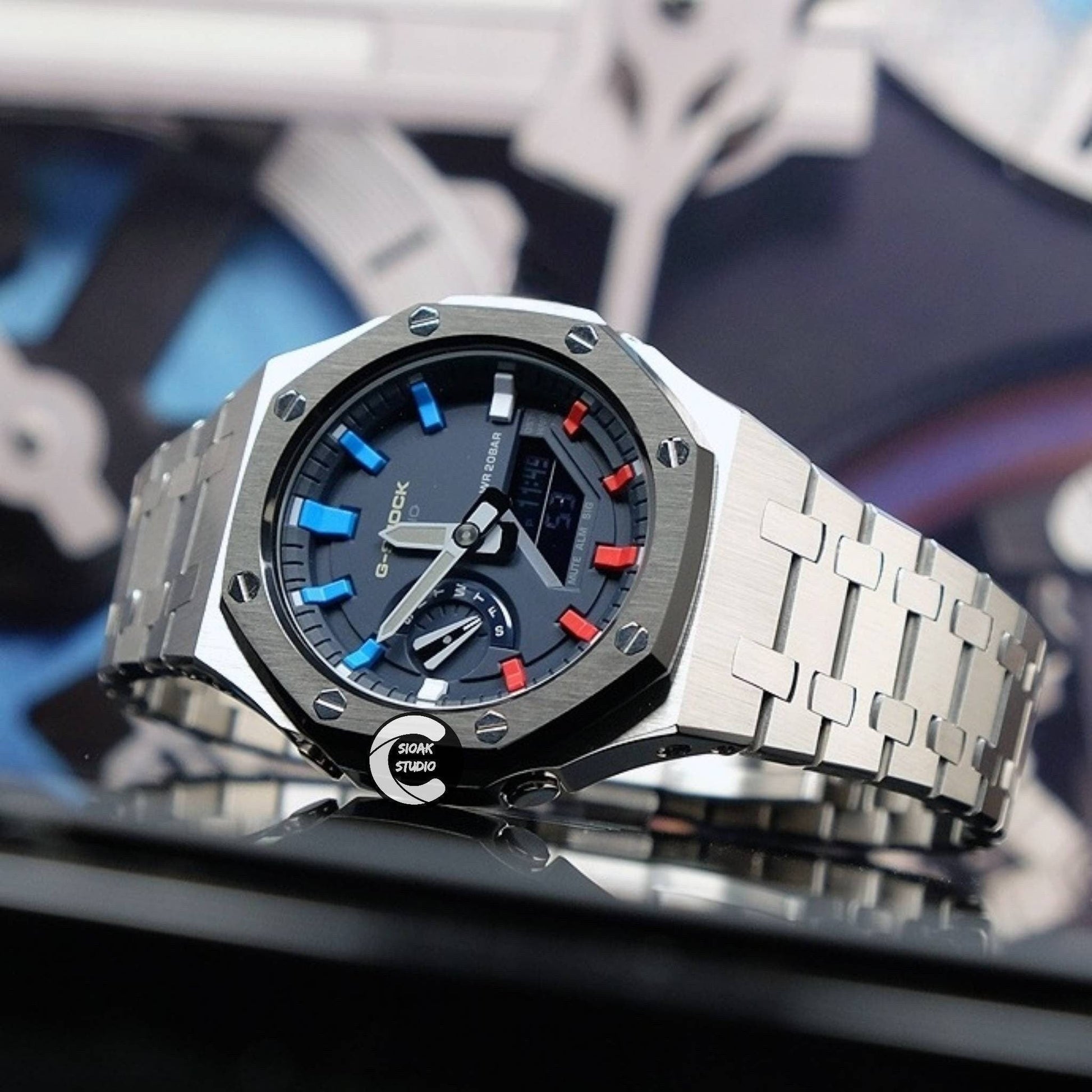 Casioak Mod Watch Black Silver Case Metal Strap Blue Rainbow Time Mark Blue Dial 44mm- Casioak Mod Casio G-Shock Royal Oak Custom Mens Luxury Watches Ga2100