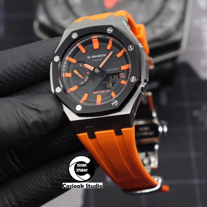 Casioak Mod Watch Black Silver Case Orange Rubber Strap Black Orange Time Mark Black Dial 44mm- Casioak Mod Casio G-Shock Royal Oak Custom Mens Luxury Watches Ga2100