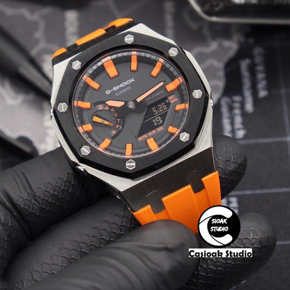 Casioak Mod Watch Black Silver Case Orange Rubber Strap Black Orange Time Mark Black Dial 44mm- Casioak Mod Casio G-Shock Royal Oak Custom Mens Luxury Watches Ga2100