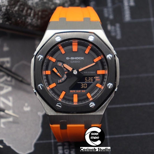 Casioak Mod Watch Black Silver Case Orange Rubber Strap Black Orange Time Mark Black Dial 44mm- Casioak Mod Casio G-Shock Royal Oak Custom Mens Luxury Watches Ga2100