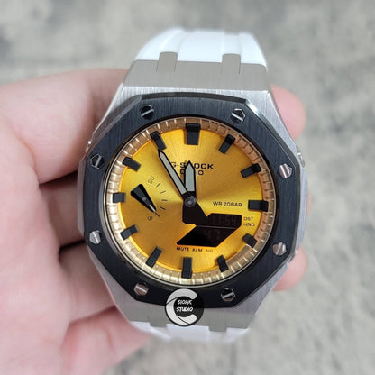 Casioak Mod Watch Black Silver Case White Rubber Strap Gold Black Time Mark Gold Dial 44mm- Casioak Mod Casio G-Shock Royal Oak Custom Mens Luxury Watches Ga2100