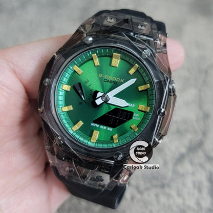 Casioak Mod Watch Black Transparent Case Black Strap Green Gold Time Mark Green Dial 44mm- Casioak Mod Casio G-Shock Royal Oak Custom Mens Luxury Watches Ga2100